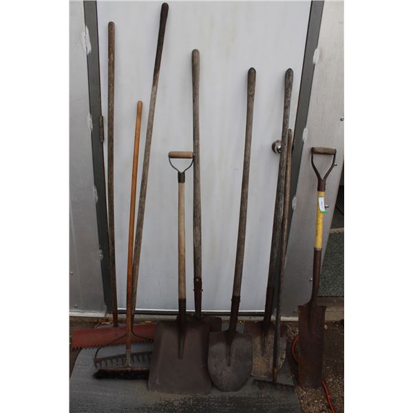 (2) Spades, (2) Rakes, Planting/Trenching Shade, Landscaping Rake, Broom, Square Mouth Shovel