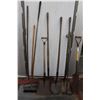 Image 1 : (2) Spades, (2) Rakes, Planting/Trenching Shade, Landscaping Rake, Broom, Square Mouth Shovel