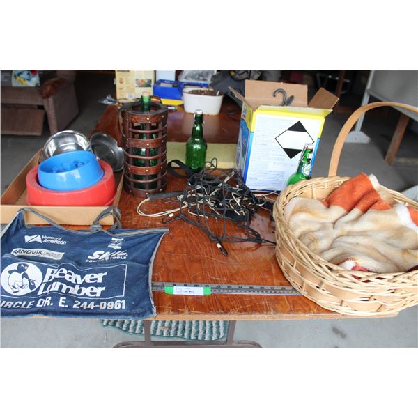 Lot: Tool Apron, Doggy Bowls, Green Bottles, Doggy Blanket & Wicker Basket, Bungee Cords, Misc.