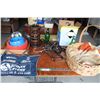 Image 1 : Lot: Tool Apron, Doggy Bowls, Green Bottles, Doggy Blanket & Wicker Basket, Bungee Cords, Misc.
