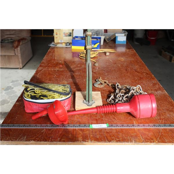 Lot: Funnels, Bottle Capper, Bungee Cargo Net, Chain
