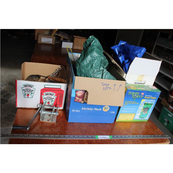 Lot: Winch, Tarps (Assorted), Dog Tie, Tomato Planter in Box
