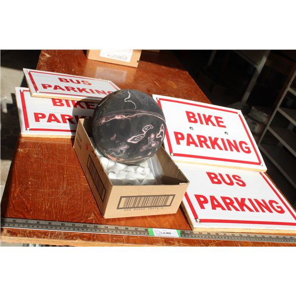Lot: Econonite 10-Pin Bowling Ball, (4) Signs, Bottle Caps in Bag