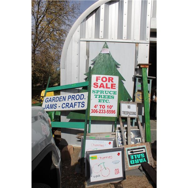 (9) Wood Signs: Wooden Christmas Tree Sign & Wakaw Hiking Checkpoint Sign, Pick Fruit, Sale, Trespas