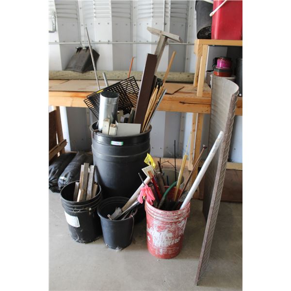 Lot: (5) Bins of Assorted Rebar, Wood, Piping (Ducting), Metal Screen (32" x 46")