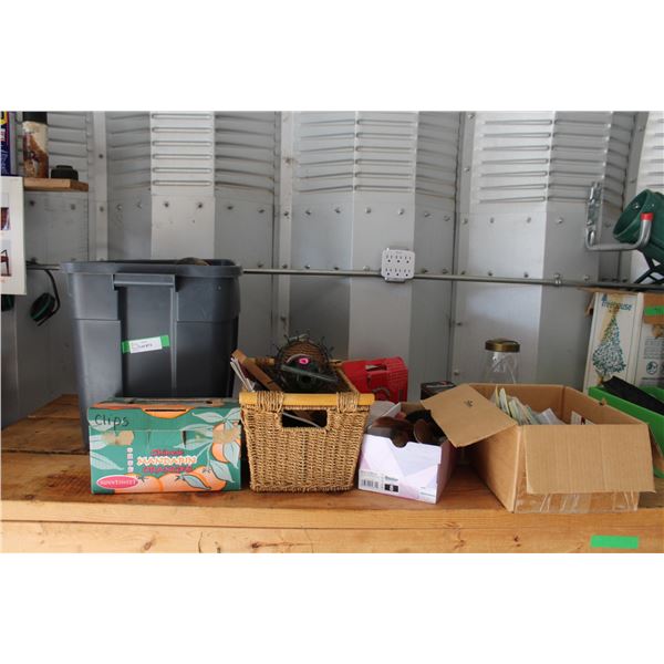 Tote w/Assorted Water Hoses & Splitters, Shop Table Brushes, Candles, Wine Bottle & Holders in Wicke