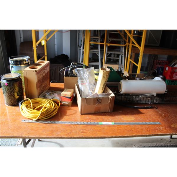 Extension Cord, Plastic Wrap Roll, Metal Shelving Basket, (2) Metal Storage Containers, Misc.