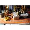 Image 1 : Extension Cord, Plastic Wrap Roll, Metal Shelving Basket, (2) Metal Storage Containers, Misc.