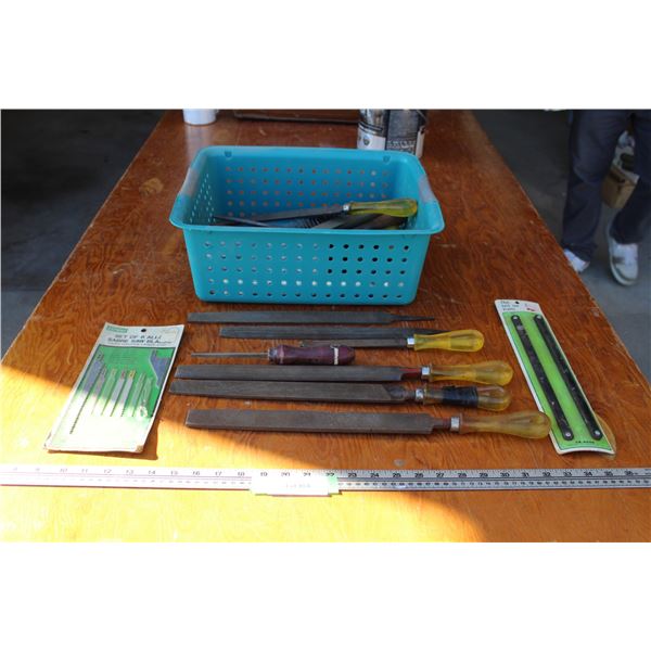 Assortment of Rasps & Jig Saw Blades in Storage Basket