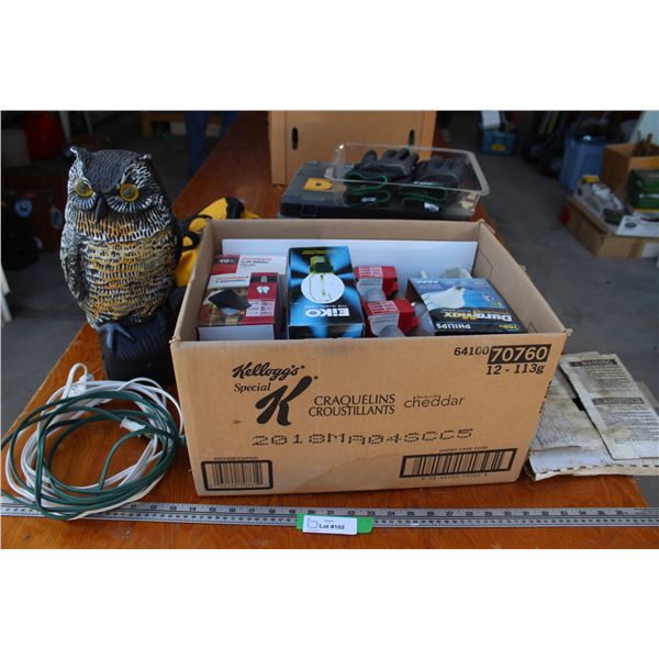 Outdoor Owl, (2) Pairs Work Gloves, Extensions Cords, (4) Empty Tool Boxes, John Deere Chain, Lightb