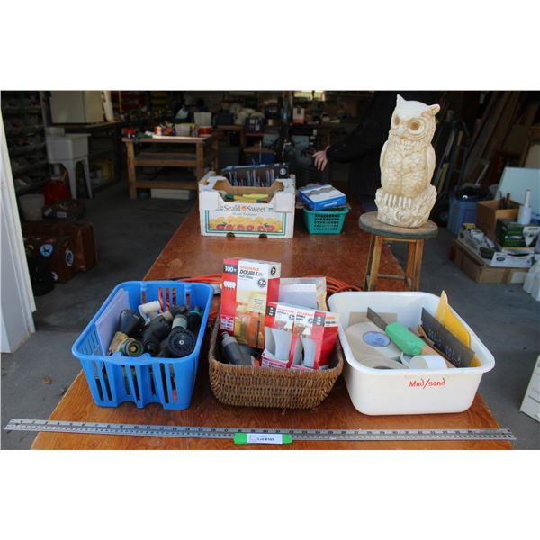 Water/Garden Sprayers, Light Bulbs, Outdoor Owl, Extension Cords, Drywall Assortment, Misc.