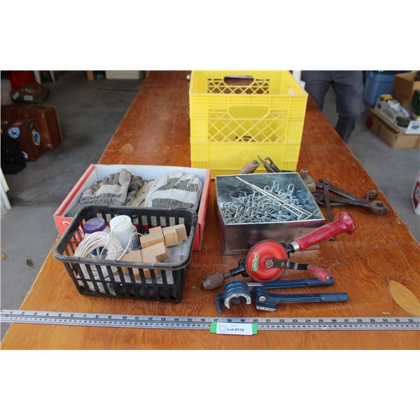 Peg Board hooks, Gloves, Wood Plane, Wrenches - Assorted, Hand Drill, Pipe Bender w/Crate