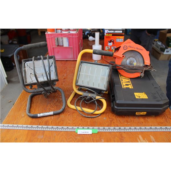 (2) Shop Work Lights, Circular Skil Saw (Cord Needs Repair), Empty DeWalt Case