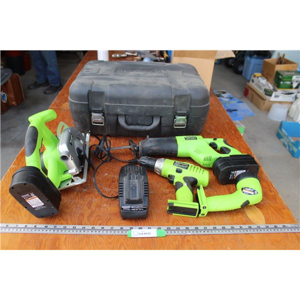 Kawasaki Battery Powered Tools & Case: Circular Saw, Reciprocating Saw, Drill, Charger, Flashlight