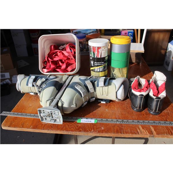 (2) Ski Boots, Ratchet Straps in Bucket, (2) Zip Ties in Containers