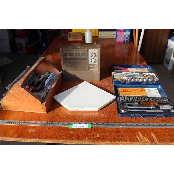 (2) Partial Imperial Socket Sets in Cases, Vintage Space Heater, Wooden Tool Tray w/Contents