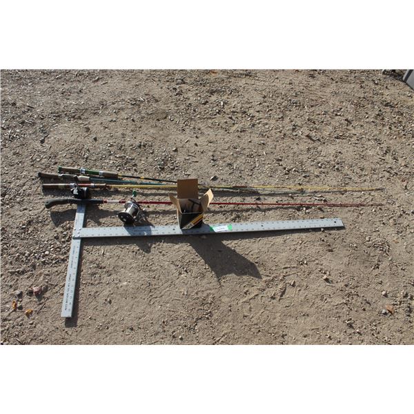 (4) Fishing Rods & (2) Extra Reel & Dry Wall Square