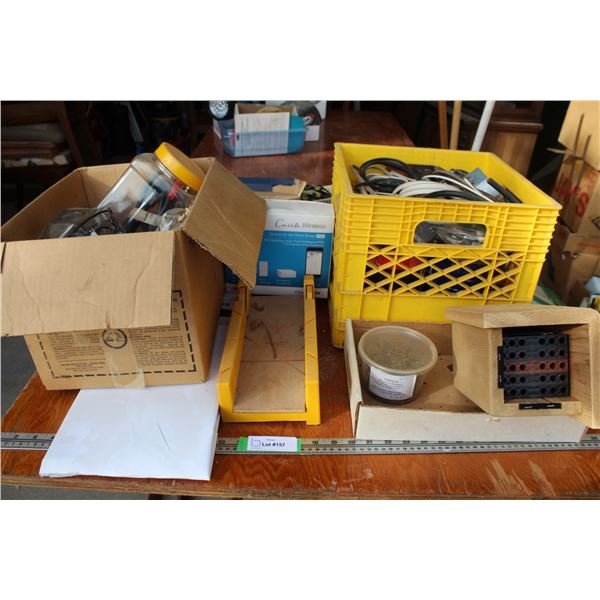 Bottle Jack w/Handle, Bee Box, Bird Feeders, Electrical Lot, Mitre Box, Misc.