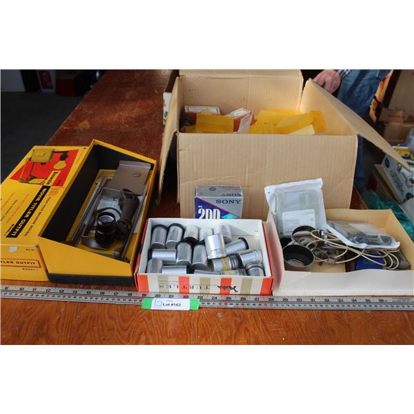 Photo Lot: Brownie Movie Titler Outfit (Partial Kit), Film Canisters, Yellow Slide Holders, Misc.