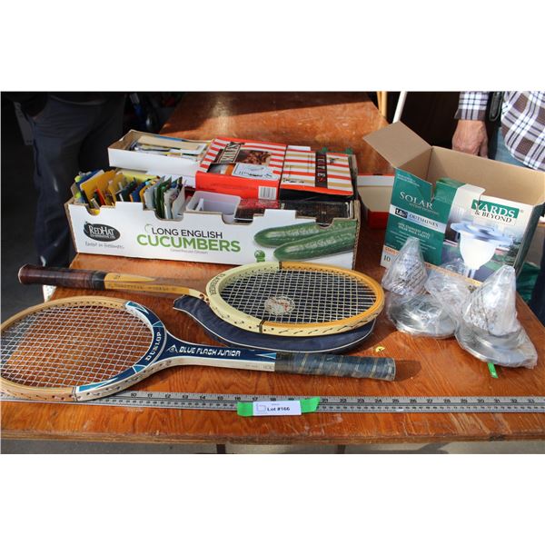 (2) Vintage Tennis Rackets, Assorted Art Lot, (2) Solar Lights, Plastic Fencing