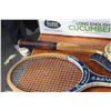Image 2 : (2) Vintage Tennis Rackets, Assorted Art Lot, (2) Solar Lights, Plastic Fencing