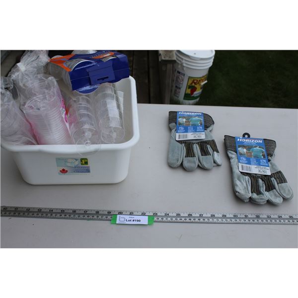 (2) Large Work Gloves - Horizon Brand & Plastic Cocktail Glasses