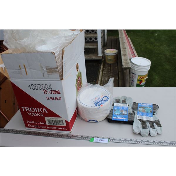 (2) Large Work Gloves - Horizon Brand & Styrofoam Cocktail Glasses, Plates