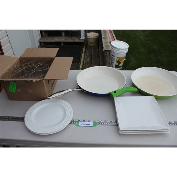 (2) 12" Frying Pans & (5) White Plates, (12) Clear Glasses