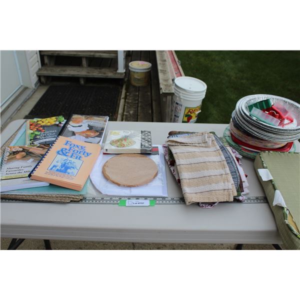Assorted Placemats, Recipes, Kitchen Clothes, Assorted  Baking Dishes, Napkins, Misc.
