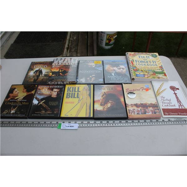 (9) DVDS: War Classics, Frankenstein, Cinderella Man, Kill Bill, Misc. & (2) Cookbooks