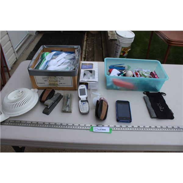 (2) Flip Cell Phones, Apple iPhone (All as is), Plastic Spoons, Misc.