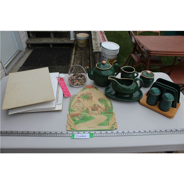 Green Ceramic Teapot & Serving Set, Vintage Calendar Top, Assorted Frames & Cardboard Backings
