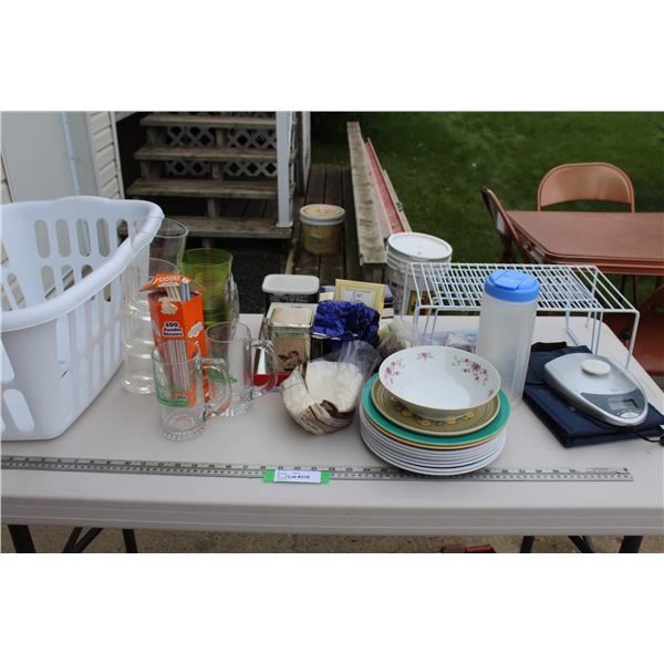 Laundry Basket, (6) Glasses, (12) Plates, Metal Collector Tins, Misc.