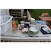 Image 1 : Laundry Basket, (6) Glasses, (12) Plates, Metal Collector Tins, Misc.