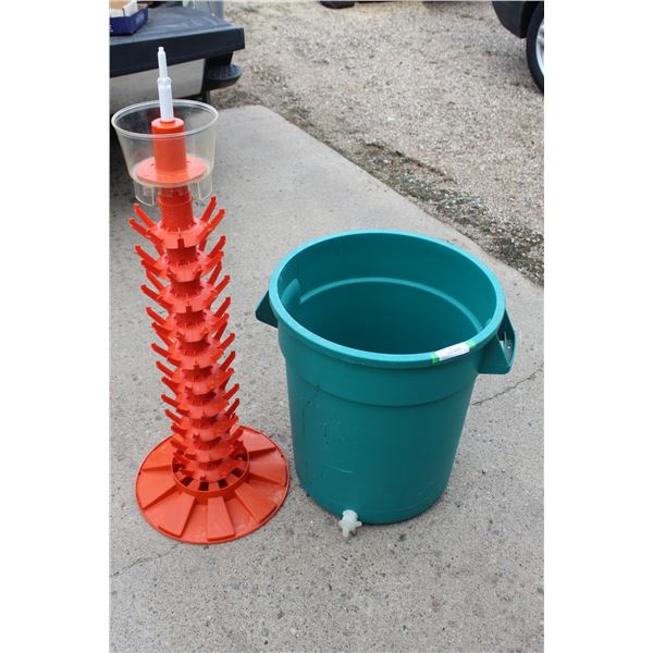Orange Bottle Dryer Stand & Green Garbage Can w/Spout