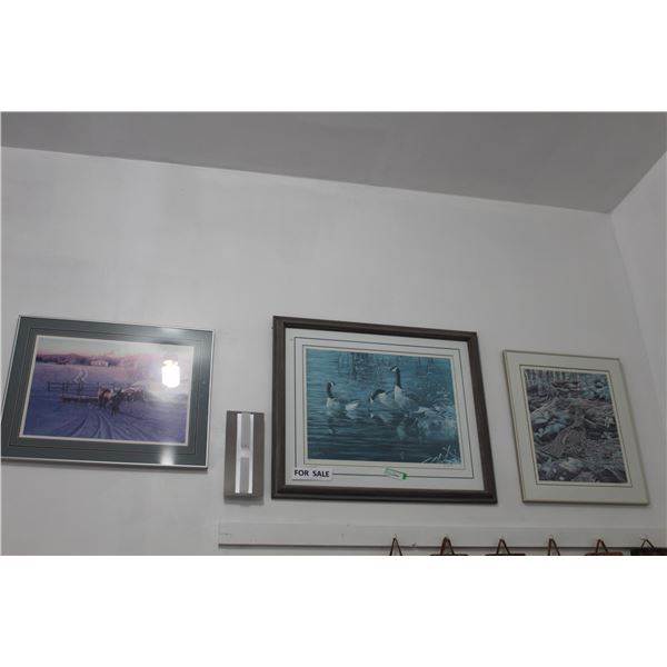 (3) Pictures: Goose Print in Frame - 35" x 29", Prairie Chicken, Horse Scene