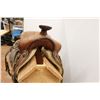 Image 2 : * Vintage Saddle - 15" Seat, Wooden Tree, Double Rigging, 5" Wide Gullet w/ Stand