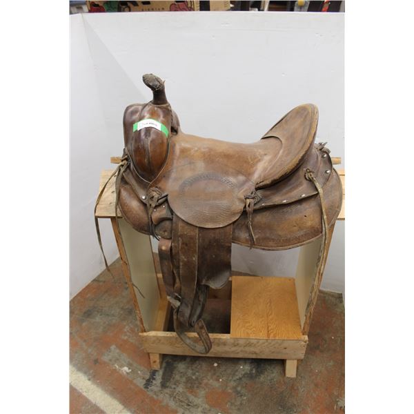 * Vintage Saddle - 14.5" Seat, 5" Gullet, Rawhide Covered Wood Tree, Single Rigging, Needs Repairs w