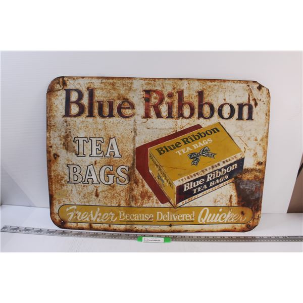 * Blue Ribbon Tea Bags Metal Sign - 27" x 19" - Some Wear