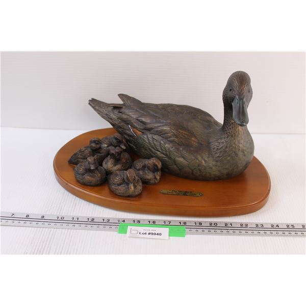 Ducks Unlimited "The Mission III" Wood Duck with Her Ducklings - Bronze & Copper on Wood Base - 16" 