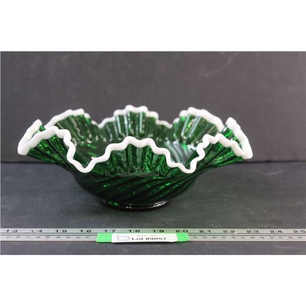 Fenton Green & White Art Glass Bowl - 11" x 4"