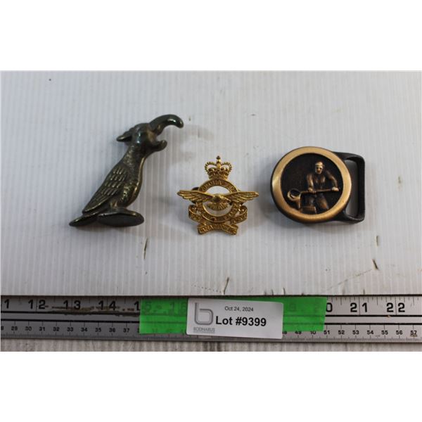 Vintage Ironsmith Belt Buckle, Royal Canadian Air Force Brass Pin and Bird Statue