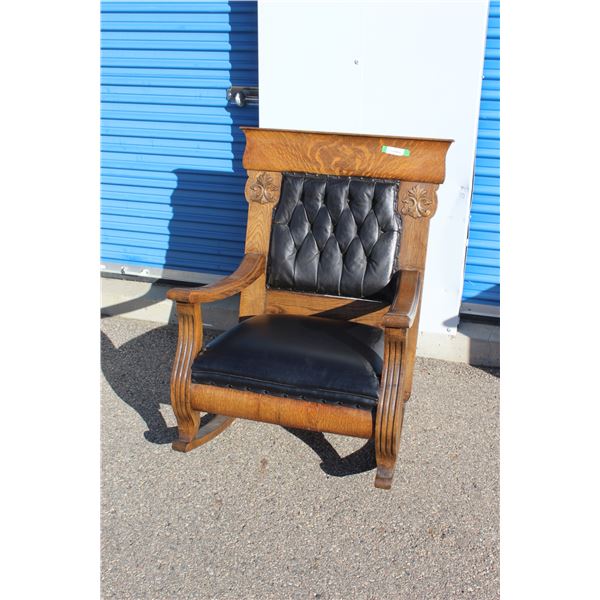 *** Antique Oak Upholstered Rocking Chair - 33"x41" High