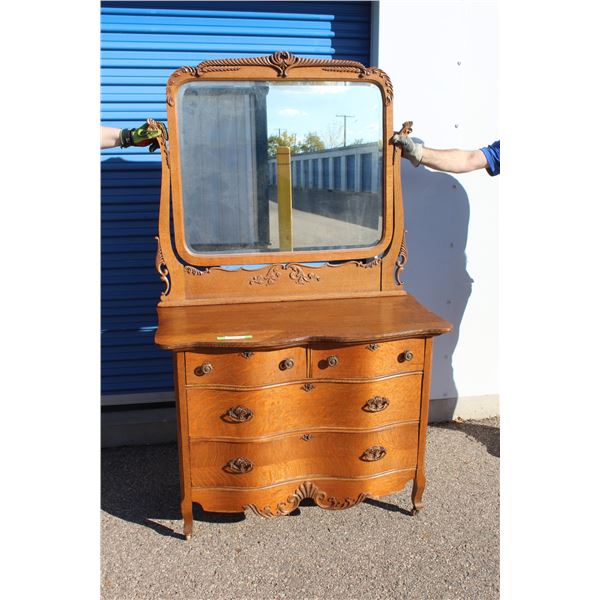 *** Antique Serpentine Four Drawer Dresser on Casters w/ Vanity Mirror - 43"x22"x72" H