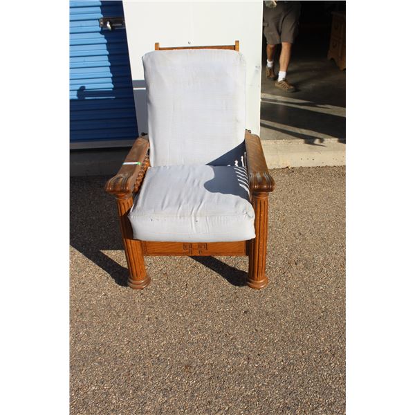 *** Antique Oak Reclining Morris Chair on Casters w/Cushions (Some Stains) - 28"x44" H