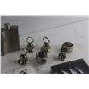 Image 12 : Pewter Cheese Knives, Liquor Flask, Ornamental Bells, Stone Carved Cat, Leather Coin Bag and Assorte
