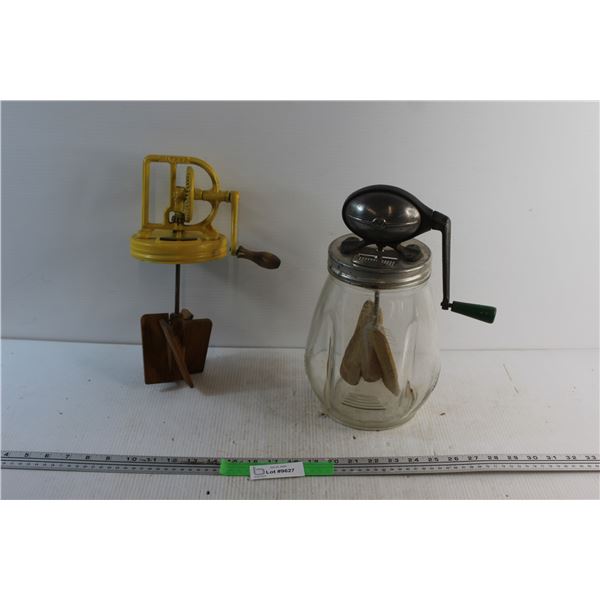 (2) Vintage Butter Churners and Glass Jar