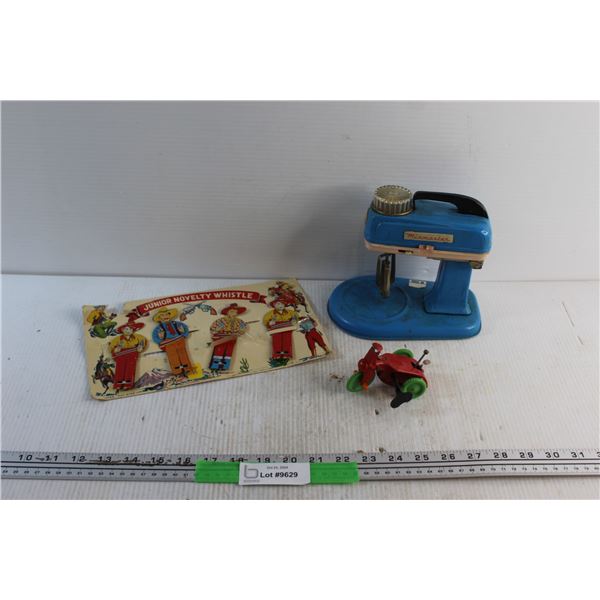 Vintage Battery Mixmaster Toy, Wind Up Toy and Junior Novelty Whistles