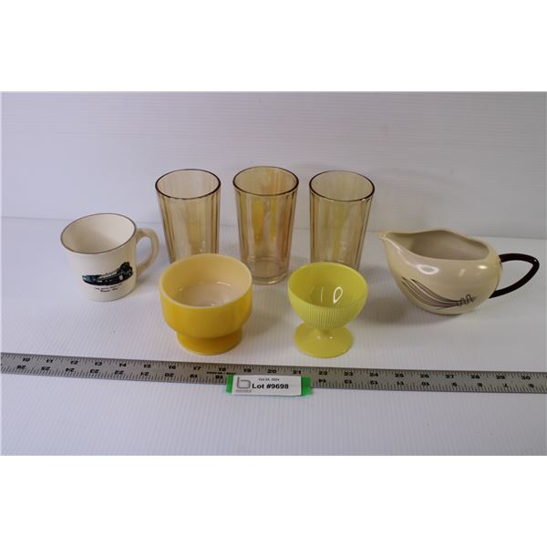 (3) Glasses - Creamer - Cup - (2) Yellow Dishes