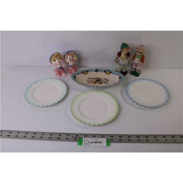 (4) Ceramic Ornaments - Vintage Bavaria Candy Dish Peacock - (3) Royal Albert Rainbow B&B Plates